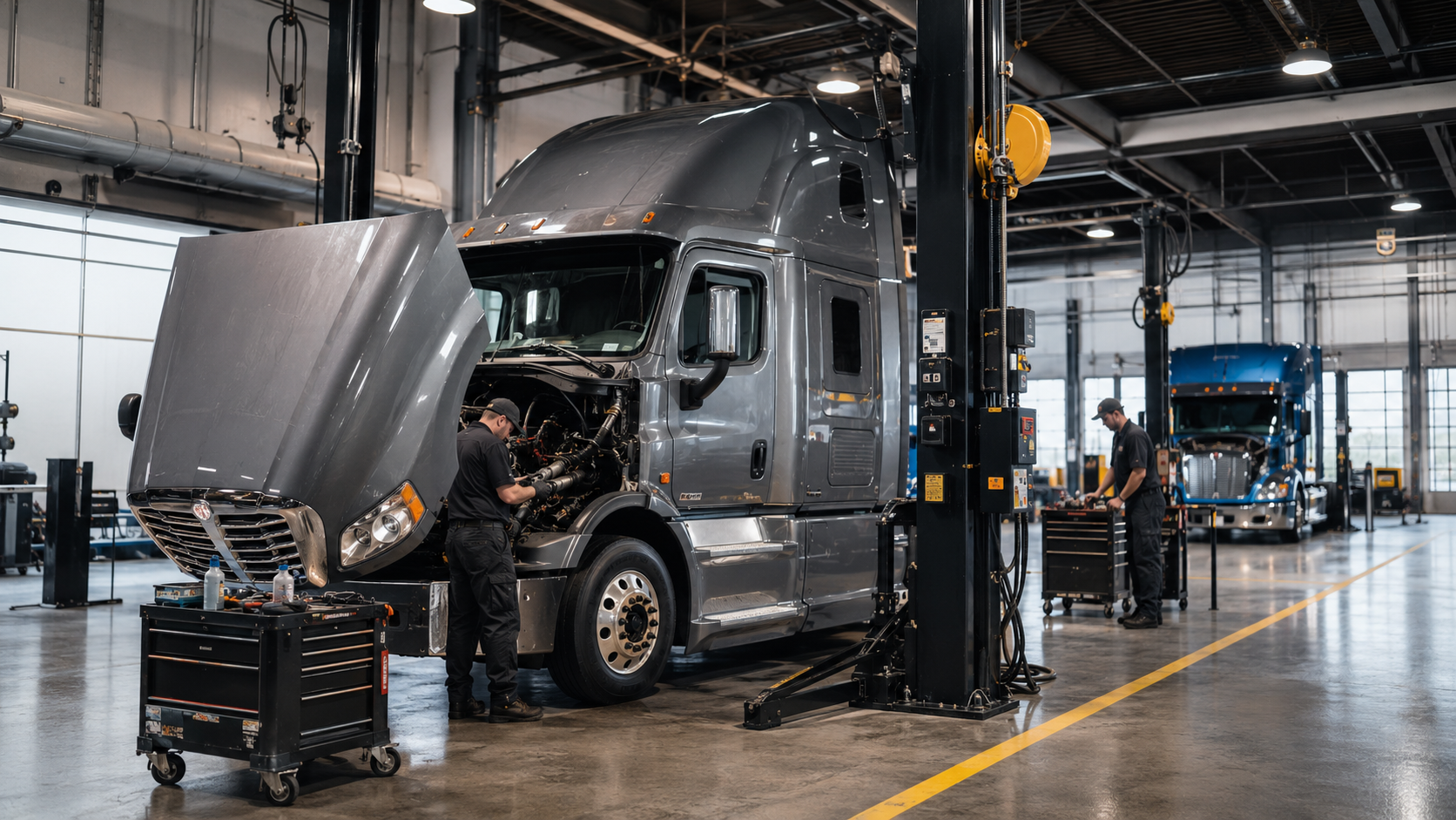 Gray semi truck being serviced inside a commercial garage